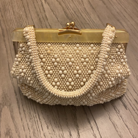 1950s Lucite Beaded Vintage Handbag With Mother Of Pearl Trim evening bag
